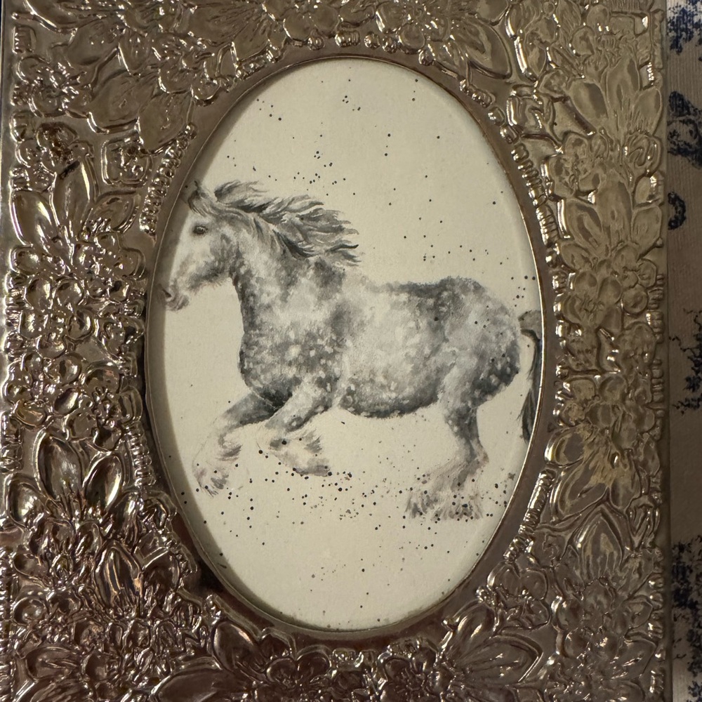 Sterling Silver Etched Floral Picture Frame with Horse Art - Picture 2 of 6